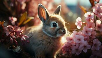 flauschige Baby Hase Sitzung im Grün Wiese, umgeben durch Blumen generiert durch ai foto