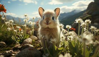 süß flauschige Kätzchen Sitzung im Grün Wiese, umgeben durch Blumen generiert durch ai foto