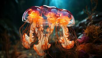 glühend unter Wasser Tentakeln verraten das Schönheit von gefährlich Meer Leben generiert durch ai foto