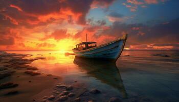 Sonnenuntergang Über still Wasser, nautisch Schiff Segel in Dämmerung generiert durch ai foto