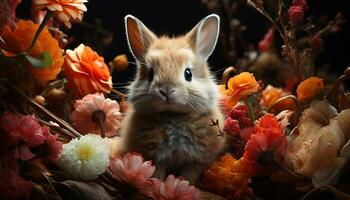 flauschige Baby Hase Sitzung auf Gras, umgeben durch bunt Blumen generiert durch ai foto