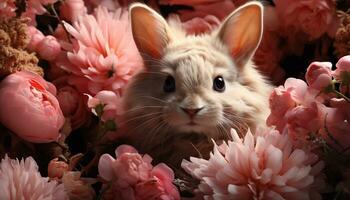 süß Baby Hase Sitzung im Gras, suchen beim Blume generiert durch ai foto