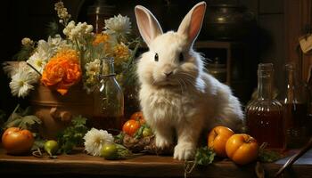 süß Hase Sitzung auf Tisch, Essen Karotte drinnen generiert durch ai foto