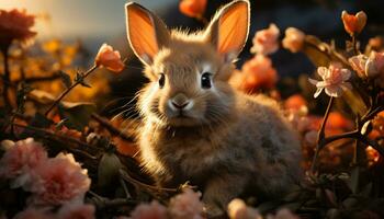 flauschige klein Hase Sitzung im Gras, suchen beim Schönheit generiert durch ai foto