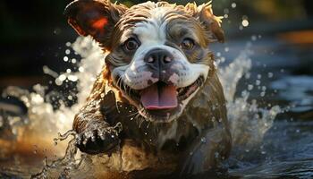 süß nass Hündchen spielen im das Regen, reinrassig Bulldogge lächelnd generiert durch ai foto