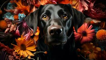 süß Hündchen Sitzung draußen, suchen beim Kamera, umgeben durch Blumen generiert durch ai foto