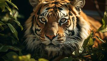 majestätisch Bengalen Tiger, heftig und Schön, versteckt im Grün Wald generiert durch ai foto