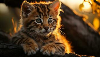 süß Kätzchen spielen, starren beim Sonne im still Wald generiert durch ai foto