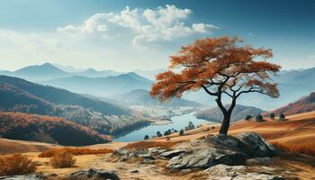Berg Gipfel spiegelt im still Wiese, Herbst Schönheit scheint generiert durch ai foto