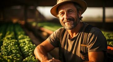 lächelnd Farmer Arbeiten draußen, Pflanzen organisch Gemüse im Natur generiert durch ai foto