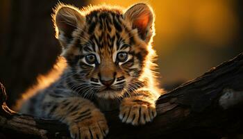 süß Bengalen Tiger Jungtier Sitzung im das Gras, starren beim Sonnenuntergang generiert durch ai foto