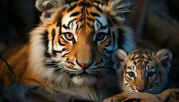 Tiger, das majestätisch gestreift katzenartig, starrt in das Kamera generiert durch ai foto
