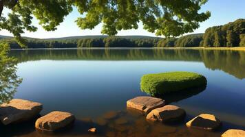 Ruhe Seeufer Szene mit ein Ruhe Körper von Wasser reflektieren das umfassend Natur. ai generiert foto