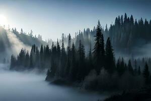 ein ätherisch Waldland gesichert im dick Verrücktheit, mit Bäume zeigen mögen Schatten Innere das Nebel. ai generiert foto