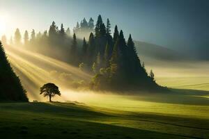 ein Ruhe Morgen sehen von ein nebelig Waldland mit Riegel von Tageslicht eintreten durch das Bäume. ai generiert foto