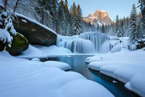 ein zementiert Wasserfall nehmen nach ein Juwel gestalten im ein Winter Wunderland. ai generiert foto