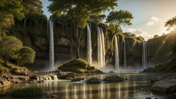 charmant Wasserfall nehmen aus machen. Farbe ein Szene von ein gesichert Wasserfall im ein unverkennbar wild. ai generiert foto