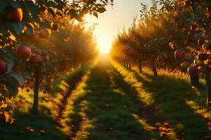 ein Apfel Herrenhaus beim Einbruch der Dunkelheit, mit brillant Licht Filtern durch bunt nimmt aus. kreativ Ressource, ai generiert foto