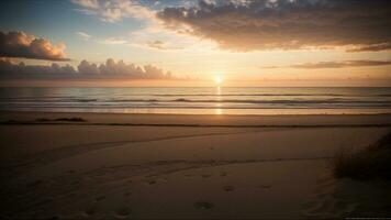 Ruhe Küste Einbruch der Dunkelheit. machen ein Ruhe und verwirrend Küste Szene mit ein bunt Sonnenuntergang Über das Horizont. ai generiert foto