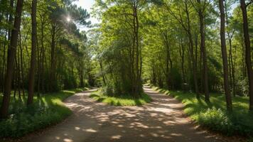 Wicklung Waldland Weg, gesprenkelt mit Tageslicht und inbegriffen durch Über das schlagen Grün. ai generiert foto