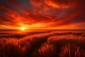 ein hell und bunt Sonnenuntergang über ein grasig Feld, leuchtenden herzlich im Schatten von rot und orange.. kreativ Ressource, ai generiert foto