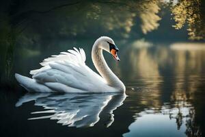 ein Reich Schwan abgebildet im ruhig Ufer Szenen. kreativ Ressource, ai generiert foto