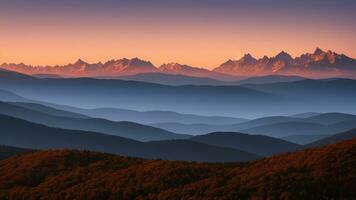 wunderbar Berg laufen. organisieren ein wunderbar Aussicht von hoch aufragend Berge Öffnung in das reinigen. ai generiert foto