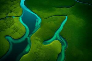 ein Bild genommen von über von ein Fluss spalten in kleiner Kanäle, umgeben durch anders Schatten von Grün und Blau.. kreativ Ressource, ai generiert foto