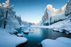 ein zementiert Wasserfall nehmen nach ein dringend Stein gestalten im ein Winter Wunderland. ai generiert foto