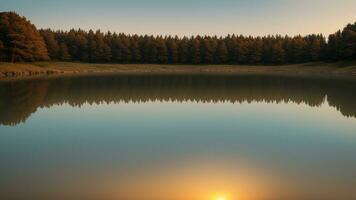 Ruhe Seeufer Szene mit ein Ruhe Körper von Wasser reflektieren das Überprüfung Natur. ai generiert foto