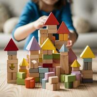 ein Kinder Hände Gebäude ein einfach Haus mit bunt Plastik Blöcke foto