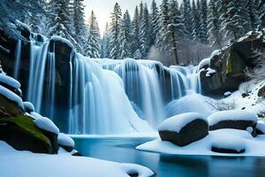 ein zementiert Wasserfall nehmen nach ein Juwel gestalten im ein Winter Wunderland. ai generiert foto
