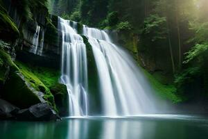 ein Kaiserliche Wasserfall umgeben durch alkoholisch Grün und dunkel , präsentieren das Baron und schlagen von Natur. kreativ Ressource, ai generiert foto