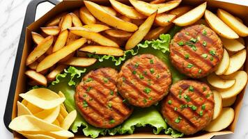 schnell Essen Gericht, Beste sehen, Fleisch Burger, Kartoffel Chips und Keile, wegbringen Komposition. ai generiert foto