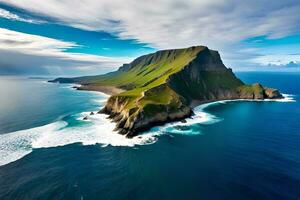 ein atemberaubend in der Luft sehen von ungewöhnlich Küsten Klippen erhalten zusammen das Basic Blau Meer. ai generiert foto