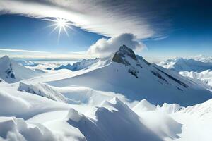 ein Nahansicht schießen von ein flaumig Weiß Wolke gegen ein hell Blau Himmel. kreativ Ressource, ai generiert foto