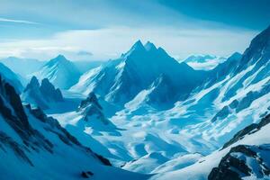 ein schön Aussicht von groß Berge, farbig im beruhigend Schatten von Blau.. kreativ Ressource, ai generiert foto