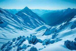 ein ziemlich Sicht von groß Berge, gemalt im entspannend Schatten von Blau.. kreativ Ressource, ai generiert foto