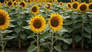 Nahansicht Schuss von ein Sonnenblume mit ein Feld von unverkennbar auf das Oberfläche. ai generiert foto