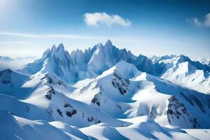 das Berge bedeckt im Schnee aussehen schön gegen das klar Blau Himmel während Winter.. kreativ Ressource, ai generiert foto