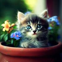Kätzchen sitzt im ein Blume Topf, Kitty im das Garten, süß Kätzchen, inländisch Katze, süß Katze Hintergrund. ai generiert foto