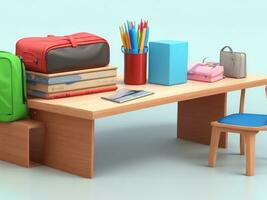Schule Schreibtisch mit Tasche und Schule Zubehörteil auf mit Kopieren Raum 3d Wiedergabe, 3d Illustration. ai generiert foto