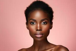 schön afrikanisch amerikanisch Frau mit perfekt Haut auf Rosa Hintergrund ai generiert foto