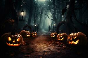 Halloween Hintergrund mit unheimlich Kürbisse im dunkel Wald ai generiert foto
