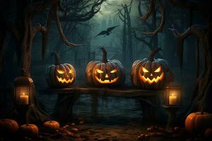 Halloween Hintergrund mit unheimlich Kürbisse im dunkel Wald ai generiert foto