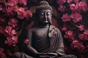 Buddha Statue mit rot Blumen Hintergrund ai generiert foto