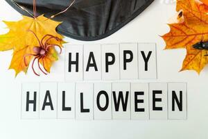 glücklich Halloween Beschriftung isoliert auf Weiß Hintergrund, Urlaub und Party Konzept. gegen das Hintergrund von ein Spinne, ein Maus, ein Hut, Gelb Blätter. foto