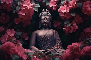 Buddha Statue umgeben durch Rosa Pfingstrose Blumen auf dunkel Hintergrund ai generiert foto