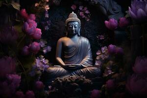 Buddha Statue mit lila Blumen im das Hintergrund ai generiert foto