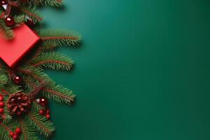 Weihnachten Hintergrund mit Tanne Geäst auf ein Grün Hintergrund ai generiert foto